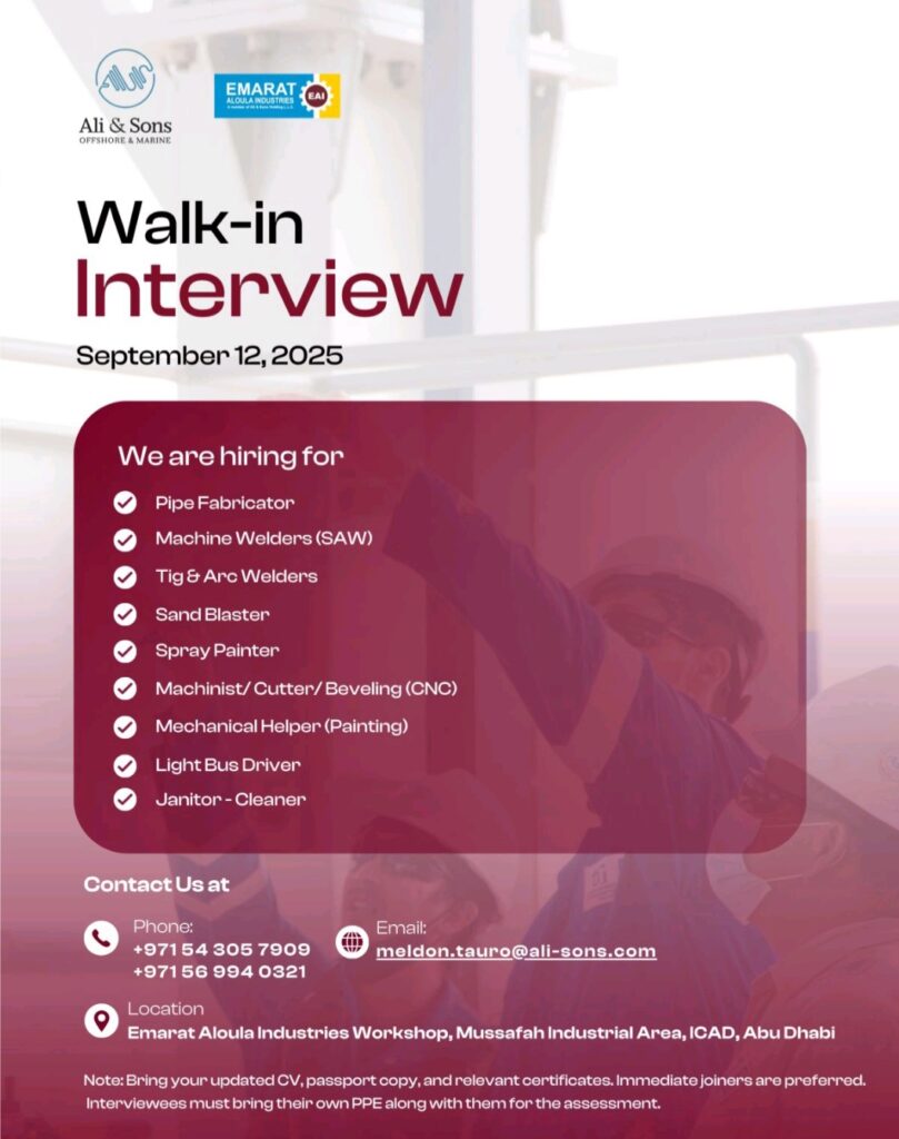 Ali & Sons Marine Engineering Walk-In Interview: Your Gateway to UAE Jobs
