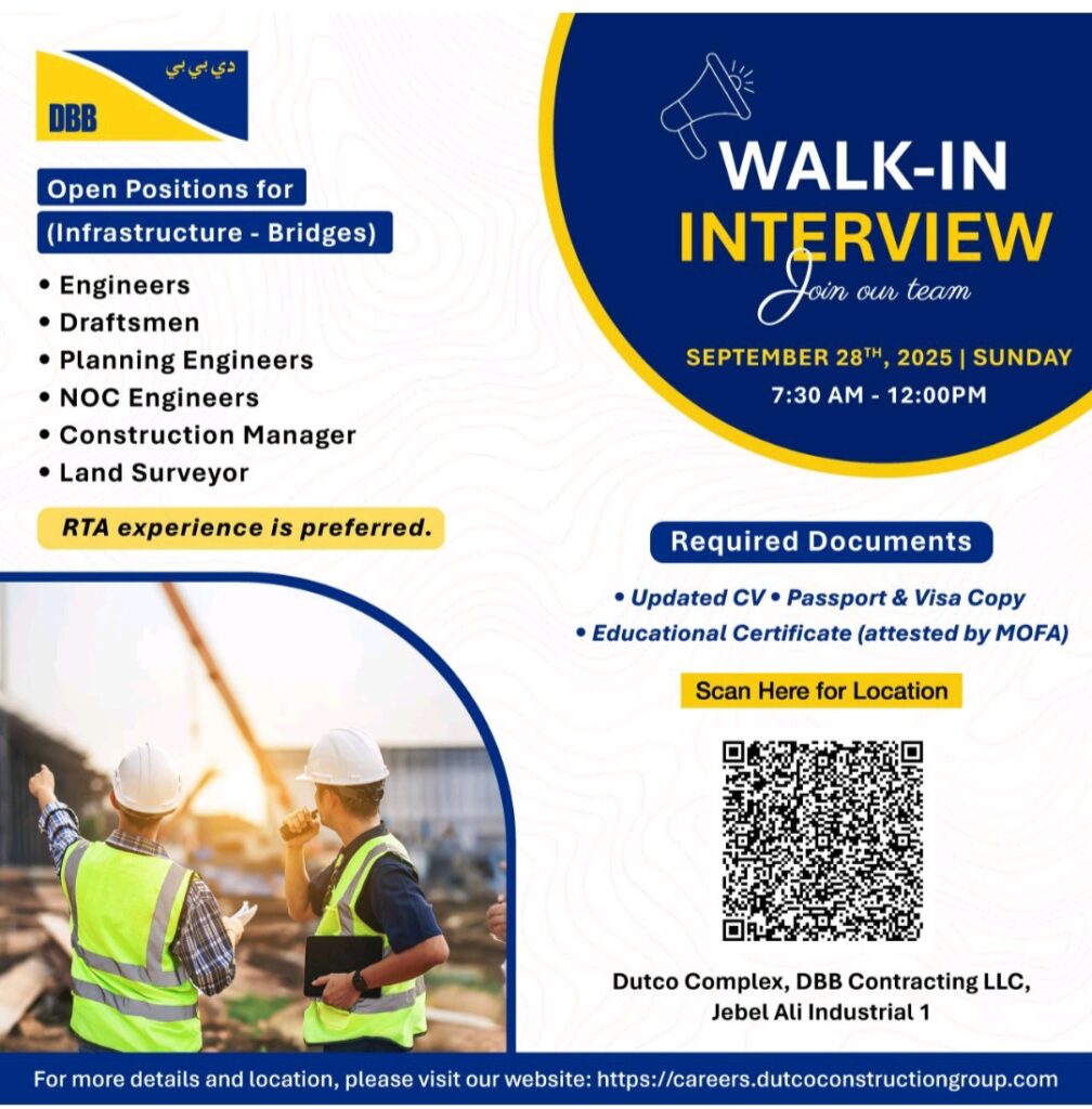 walk in interview Dubai, engineering jobs Dubai, infrastructure jobs UAE, DBB contracting careers, construction manager jobs Dubai, RTA approved engineers, planning engineer vacancies, NOC engineer jobs, land surveyor jobs UAE, draftsman jobs Dubai, bridge construction jobs, Dutco group careers, walk in interview September 2025, construction jobs in Jebel Ali, MOFA attested certificates.