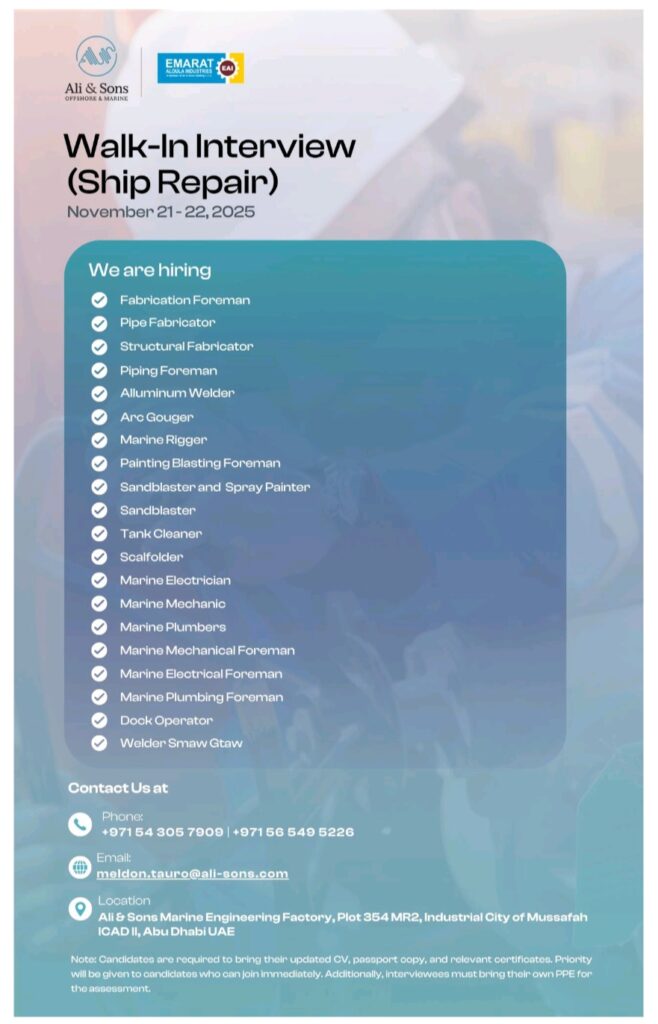 Ali & Sons Marine Engineering Walk-In Interview: Your Gateway to UAE Jobs