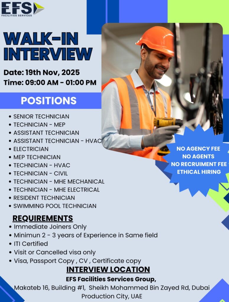 EFS Facilities Services Walk-In Interview 2025: Multiple Technician Jobs in Dubai