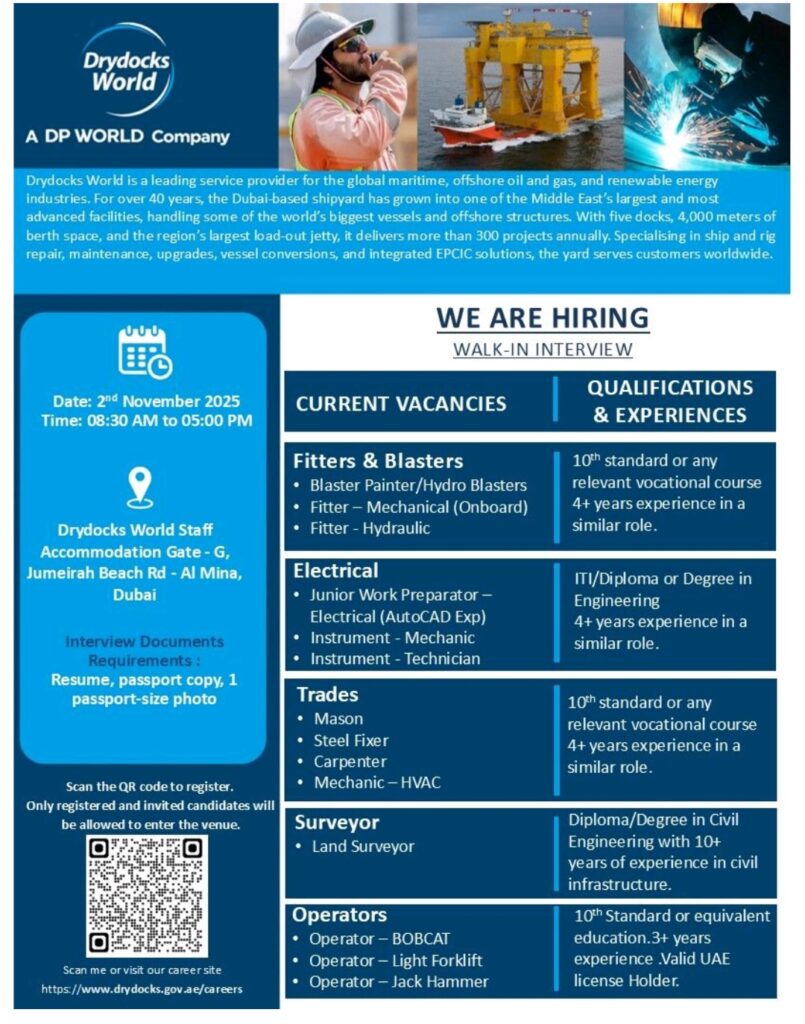 Your Chance to Build a Career at Drydocks World, Dubai: Walk-in Interview on November 2, 2025