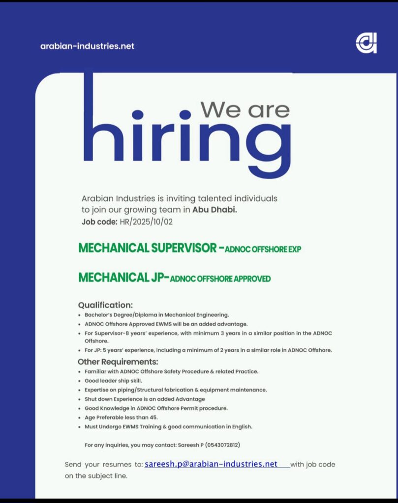Mechanical Supervisor & JP Roles at Arabian Industries, Abu Dhabi