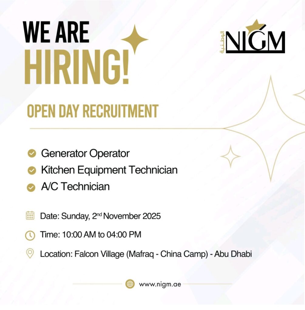 walk-in interview Abu Dhabi, NIGM LLC careers, Open Day recruitment, generator operator jobs UAE, AC technician jobs Abu Dhabi, kitchen equipment technician vacancy, jobs in Mafraq, immediate hiring Abu Dhabi, Falcon Village recruitment, technical jobs UAE, Gulf experience jobs, visit visa jobs Abu Dhabi.
