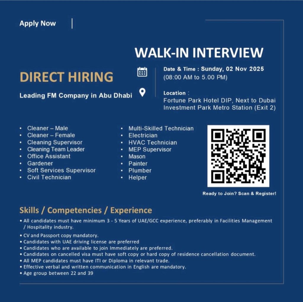 walk in interview Dubai, facilities management jobs Abu Dhabi, direct hiring UAE, FM company careers, MEP technician jobs UAE, cleaning supervisor jobs, HVAC technician Abu Dhabi, job vacancy in Dubai, immediate joining jobs, UAE driving license jobs, cancelled visa jobs.