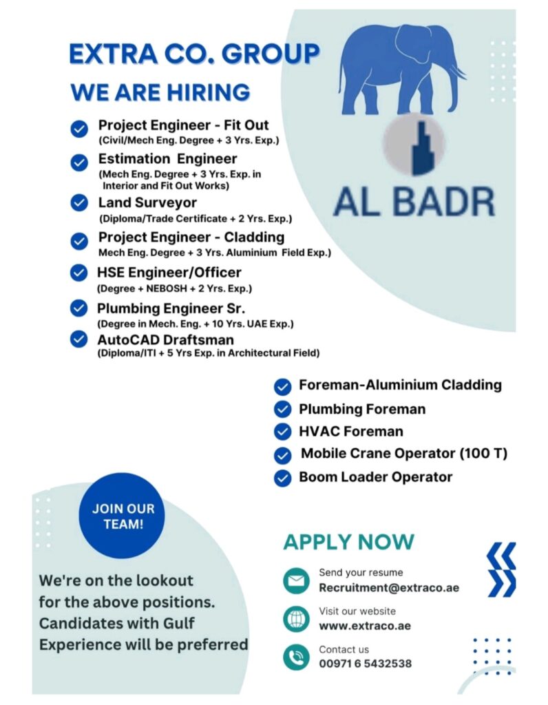 Extra Co. Group is Hiring Multiple Engineering & Skilled Roles