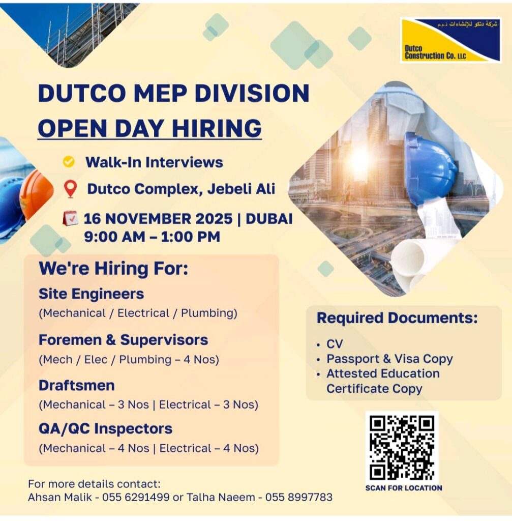 Dutco MEP jobs, walk in interview Dubai, construction careers UAE, MEP jobs Dubai, site engineer jobs, QA QC inspector vacancies, Dutco Group careers, Dubai construction jobs, mechanical engineer jobs Dubai, electrical draftsman UAE, MEP hiring event, jobs in Jebel Ali