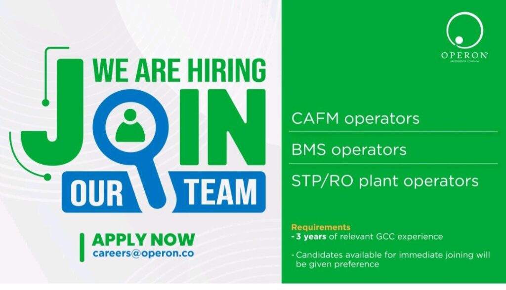 facilities management jobs middle east, CAFM operator jobs, BMS operator career, STP RO plant operator GCC, Operon Middle East careers, immediate joining jobs in UAE, facilities management companies, FM operator vacancies, GCC experience jobs, walk-in interview Dubai, careers operon co, technical jobs in middle east, building management system jobs, water plant operator jobs