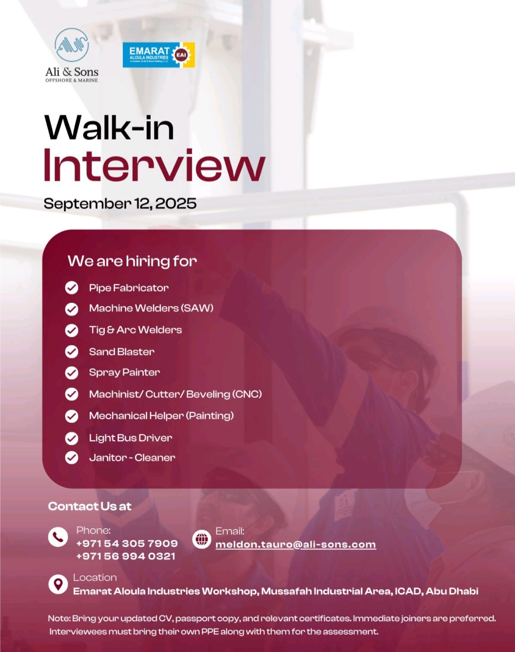 Ali & Sons Marine Engineering Walk-In Interview: Your Gateway to UAE Jobs