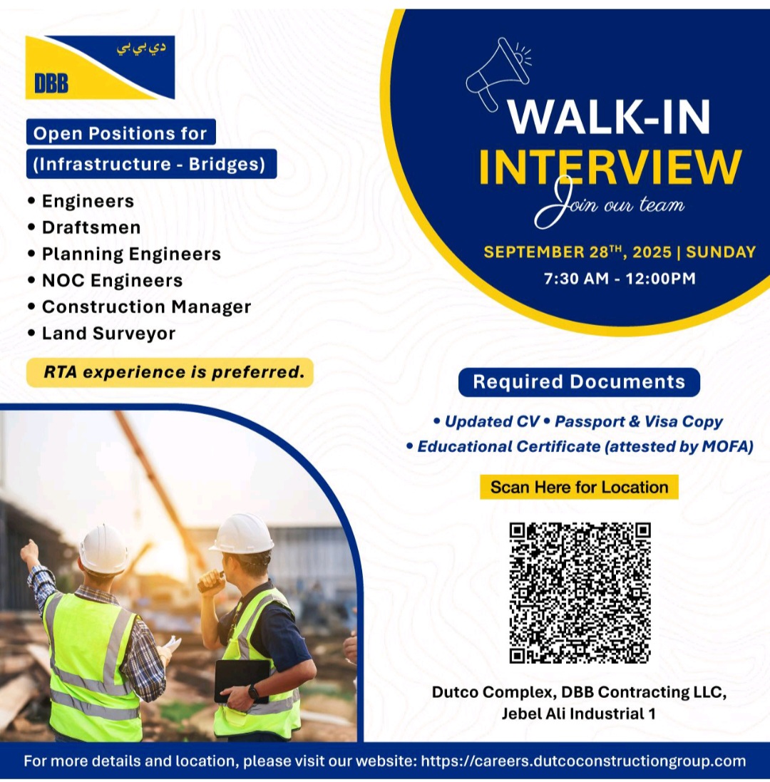 walk in interview Dubai, engineering jobs Dubai, infrastructure jobs UAE, DBB contracting careers, construction manager jobs Dubai, RTA approved engineers, planning engineer vacancies, NOC engineer jobs, land surveyor jobs UAE, draftsman jobs Dubai, bridge construction jobs, Dutco group careers, walk in interview September 2025, construction jobs in Jebel Ali, MOFA attested certificates.