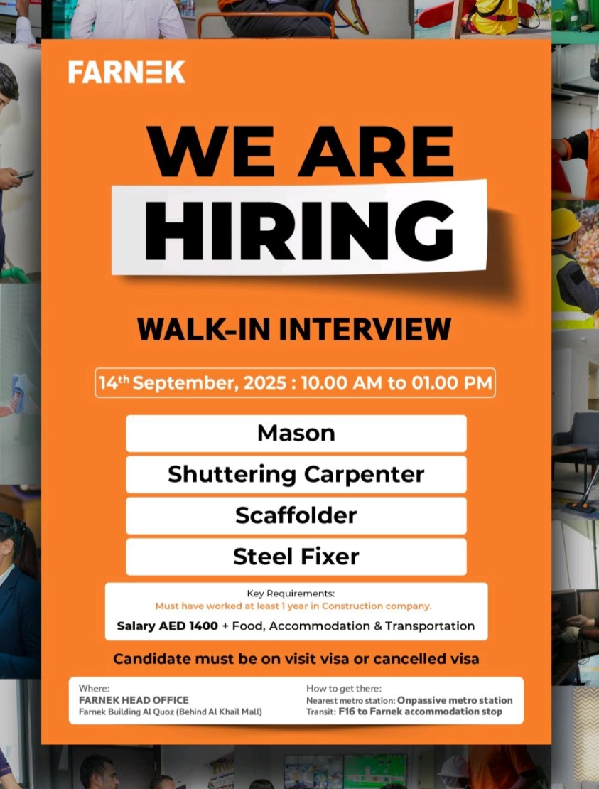 Build Your Career in Dubai: Farnek Walk-In Interview on September 14th, 2025