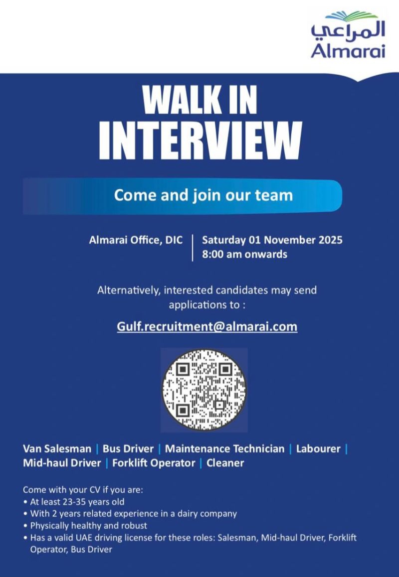 Walk in Interview Dubai 2025, Almarai Careers, Almarai Jobs in UAE, Van Salesman Job in Dubai, Driver Jobs in Dubai, Forklift Operator Vacancy, Maintenance Technician Jobs, Labourer Jobs in UAE, Gulf Recruitment, DIC Dubai Jobs, FMCG Careers in UAE, UAE Driving License Jobs.