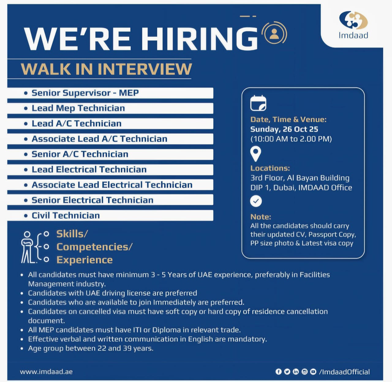Imdaad careers, walk in interview Dubai, MEP jobs Dubai, electrical technician vacancy, facilities management jobs UAE, senior AC technician jobs, immediate hiring in Dubai, Dubai Investments Park 1 jobs, Imdaad hiring 2025, technical jobs UAE.