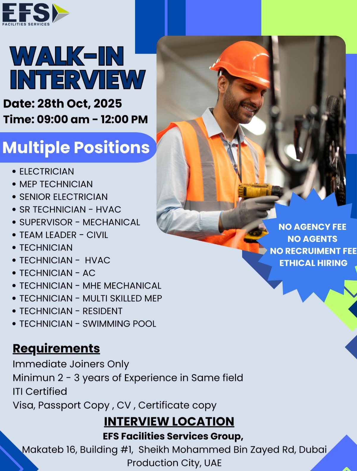 EFS Facilities Services Walk-In Interview 2025: Multiple Technician Jobs in Dubai