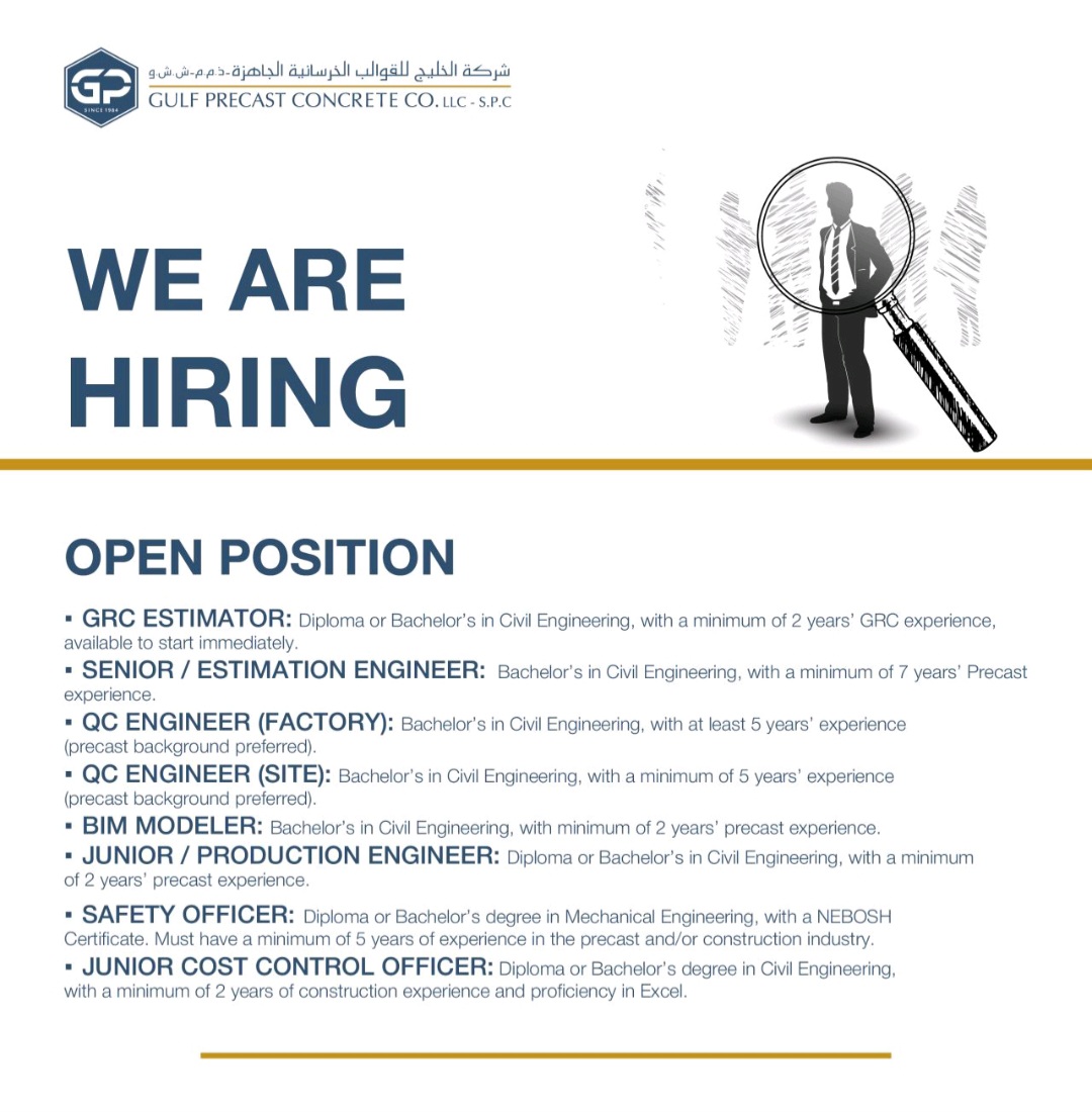 jobs, Gulf Precast careers, hiring in UAE, construction jobs UAE, civil engineer vacancies, precast concrete jobs, estimation engineer, QC engineer jobs, BIM modeller career, safety officer vacancy, GRC estimator, Gulf Precast Concrete Company, latest UAE jobs, engineering careers, apply for jobs in Dubai.
