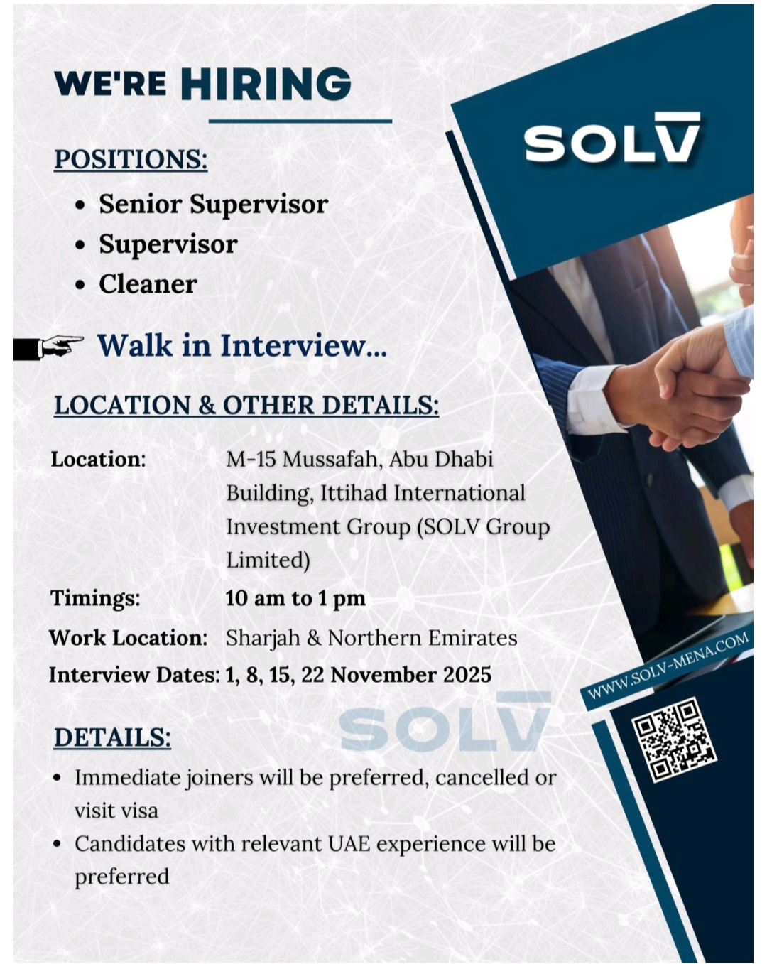 facilities management jobs UAE, walk in interview Abu Dhabi, SOLV careers, immediate job in Sharjah, cleaner job UAE, supervisor vacancy, senior supervisor facilities management, Ittihad International Investment, cancelled visa jobs, visit visa jobs, leading FM company, facility optimization careers, Mussafah walk in interview, jobs in Northern Emirates.