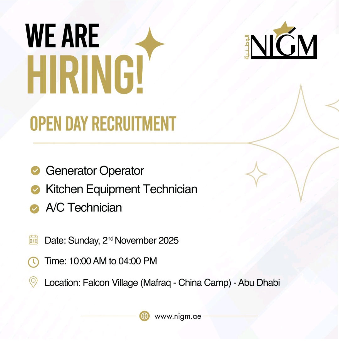 walk-in interview Abu Dhabi, NIGM LLC careers, Open Day recruitment, generator operator jobs UAE, AC technician jobs Abu Dhabi, kitchen equipment technician vacancy, jobs in Mafraq, immediate hiring Abu Dhabi, Falcon Village recruitment, technical jobs UAE, Gulf experience jobs, visit visa jobs Abu Dhabi.