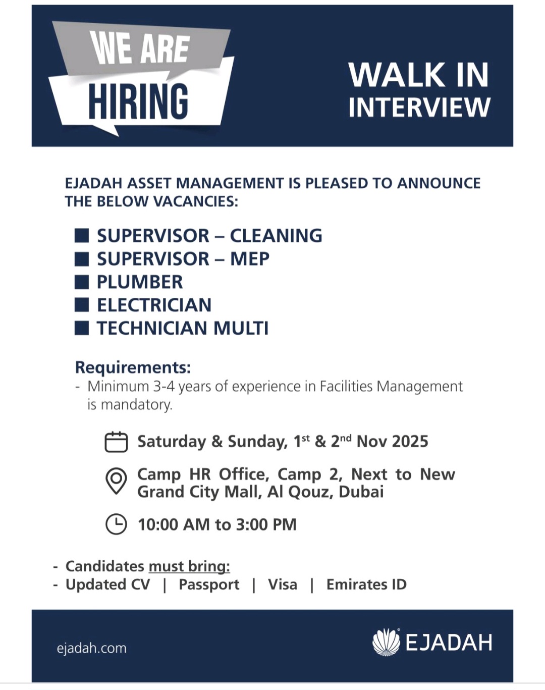Ejadah careers, facilities management jobs Dubai, walk in interview Dubai 2025, FM supervisor jobs, plumber jobs in Dubai, electrician vacancy, multi technician job, Ejadah hiring, Dubai jobs November 2025, Al Quoz jobs, asset management careers UAE, skilled trades jobs Dubai.