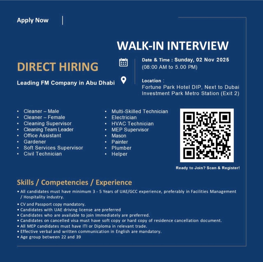 walk in interview Dubai, facilities management jobs Abu Dhabi, direct hiring UAE, FM company careers, MEP technician jobs UAE, cleaning supervisor jobs, HVAC technician Abu Dhabi, job vacancy in Dubai, immediate joining jobs, UAE driving license jobs, cancelled visa jobs.