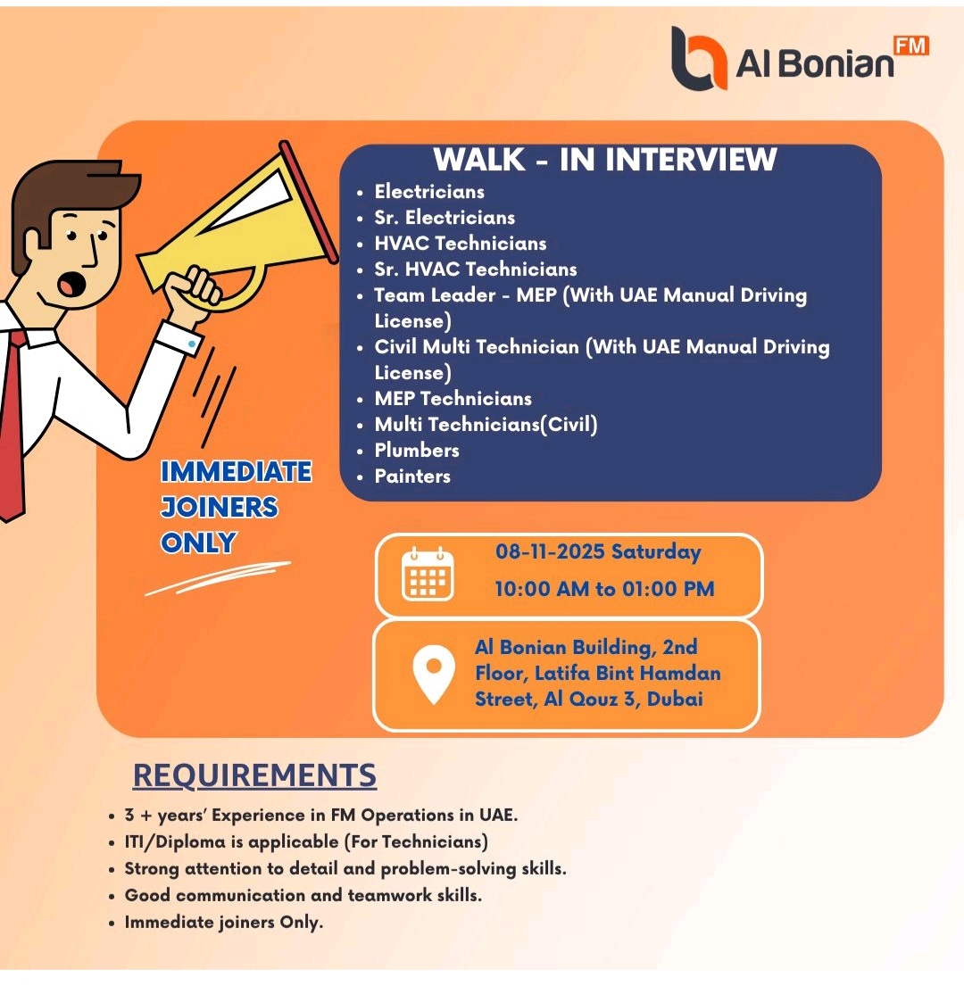 Facility Management jobs Dubai, FM careers UAE, walk in interview Dubai, MEP technician jobs, HVAC jobs Dubai, electrician vacancy Dubai, immediate joiner jobs, AI Bonian FM careers, Al Qouz jobs, technical jobs in Dubai, UAE driving license jobs, civil technician vacancy, plumber jobs Dubai