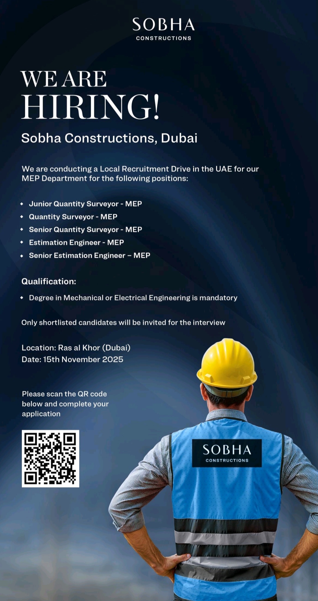 Sobha Constructions hiring, MEP jobs Dubai, Quantity Surveyor jobs UAE, Estimation Engineer career Dubai, Mechanical Engineering jobs, Electrical Engineering jobs, construction careers UAE, Sobha Constructions careers, MEP recruitment drive, Ras al Khor jobs, November 2025 hiring drive