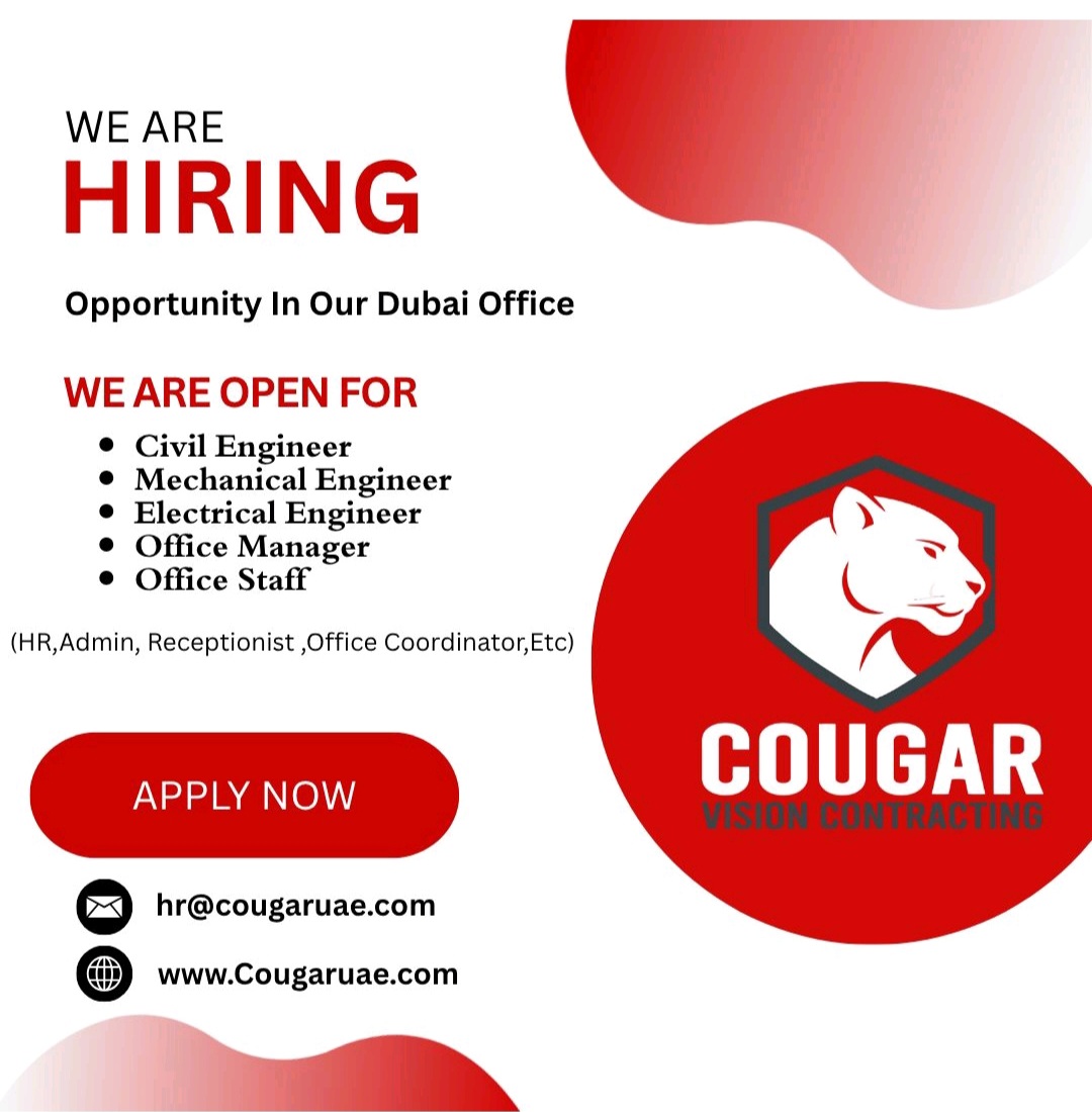 engineering jobs Dubai, civil engineer jobs UAE, construction companies hiring Dubai, office staff vacancies Dubai, mechanical engineer career UAE, electrical engineer jobs, Cougar Vision Contracting careers, latest jobs in Dubai, infrastructure jobs UAE, apply for jobs in Dubai.