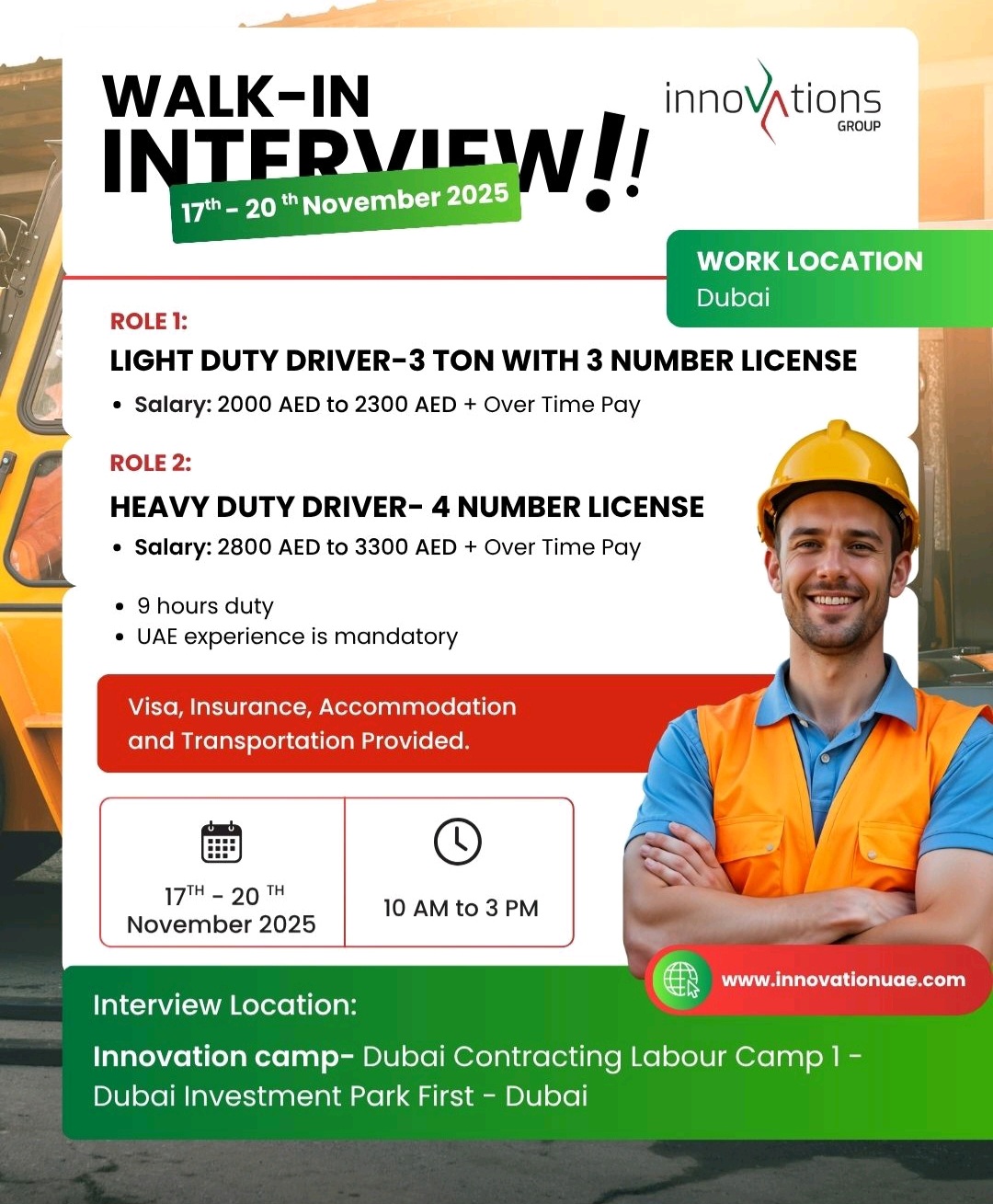 walk in interview for drivers in dubai, driver jobs dubai, heavy duty driver jobs uae, light duty driver vacancy, innovations global careers, number 3 license driver jobs, number 4 license driver salary, dubai investment park jobs, immediate hiring driver, driving jobs in uae with visa.